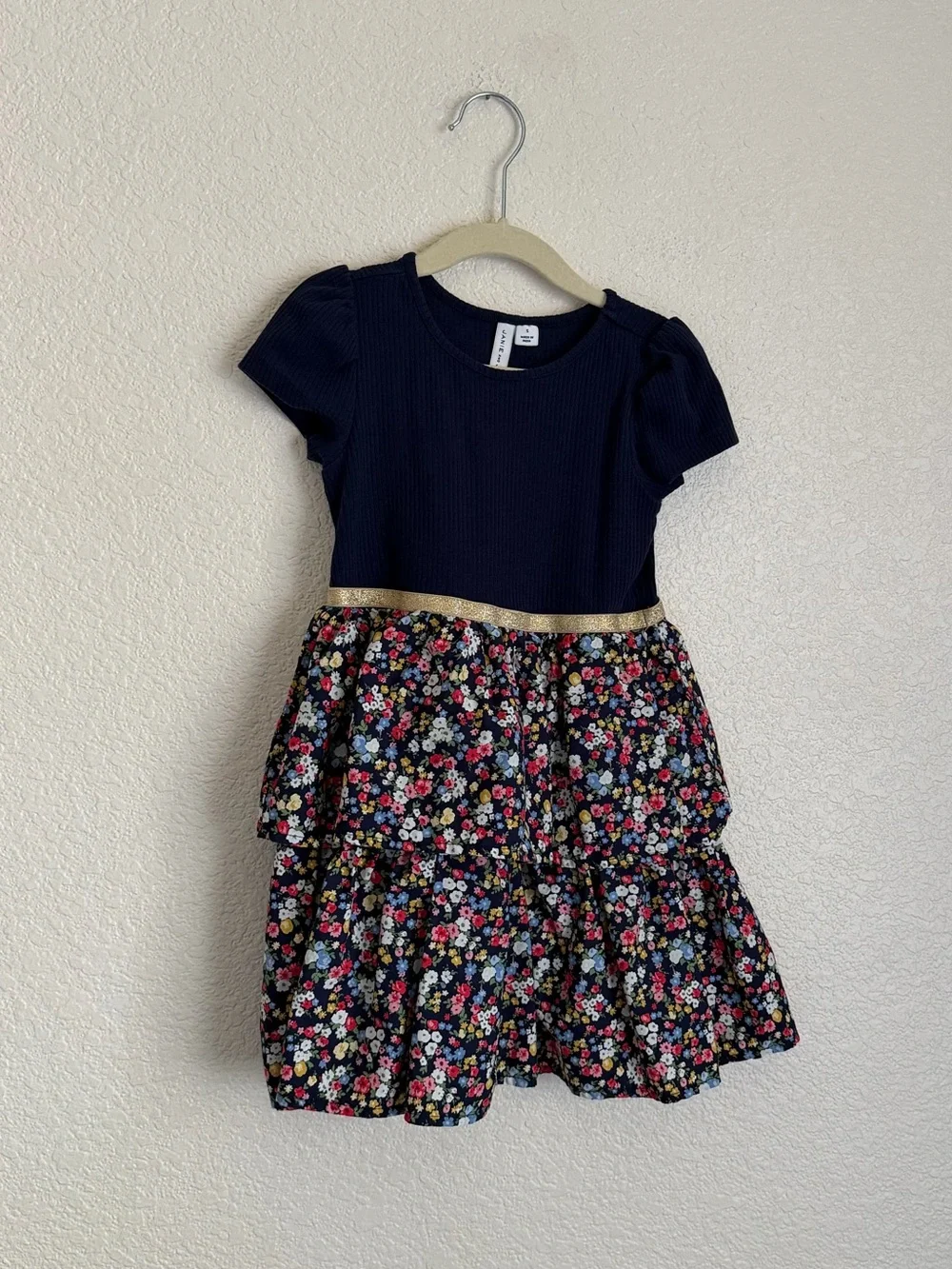 Janie and Jack Girls Ditsy Floral Short Sleeve Tiered Cotton Dress 5 Navy Blue